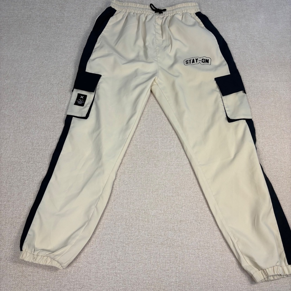 Mens Size Small Cream Black Colorblock Cargo Joggers Techwear Streetwear